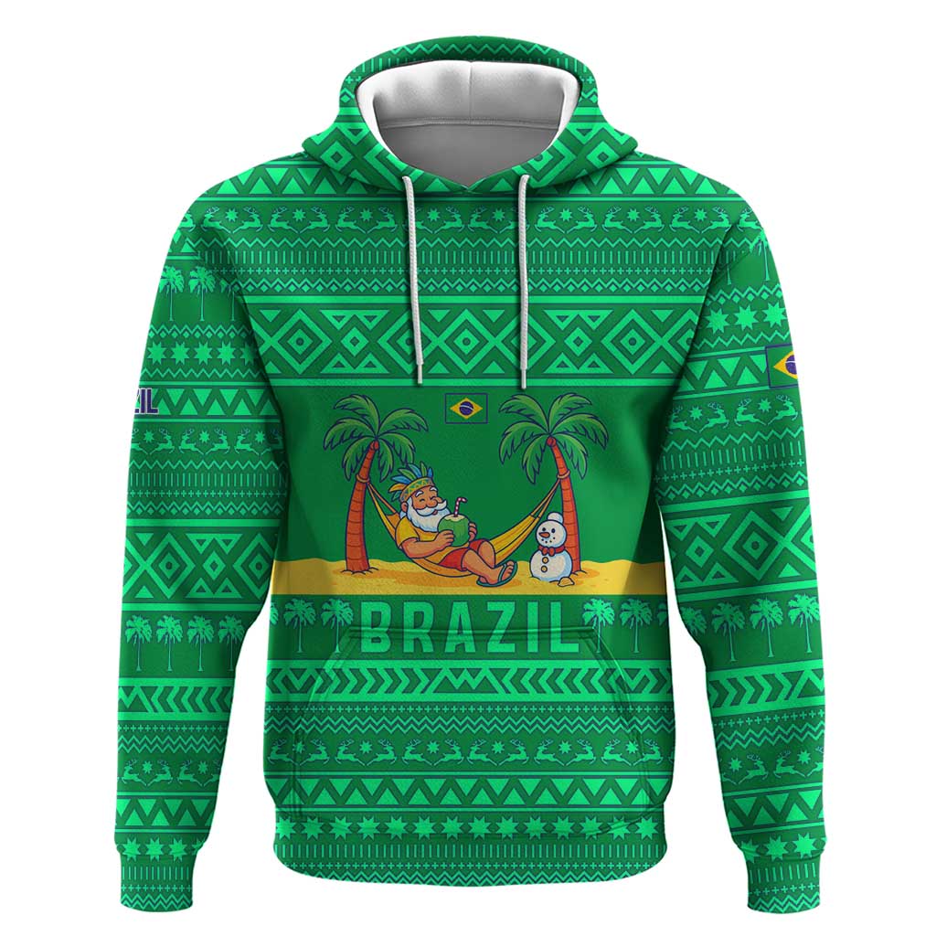 Brazil Christmas Hoodie with Santa Relaxing in Hammock Palm Trees Snowman and Tribal Pattern Design - Wonder Print Shop