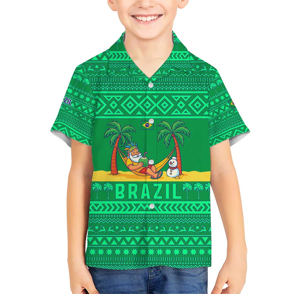 Brazil Christmas Kid Hawaiian Shirt with Santa Relaxing in Hammock Palm Trees Snowman and Tribal Pattern Design - Wonder Print Shop