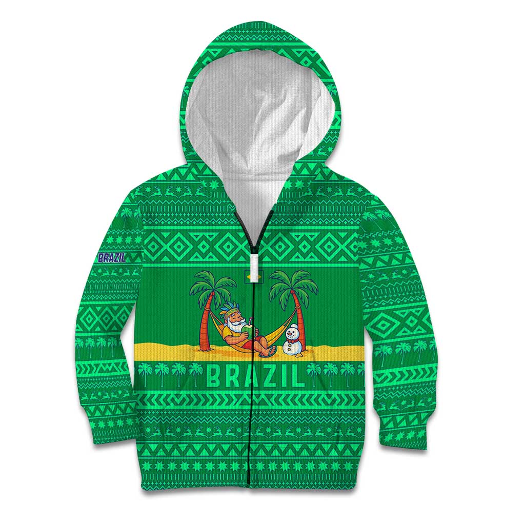 Brazil Christmas Kid Hoodie with Santa Relaxing in Hammock Palm Trees Snowman and Tribal Pattern Design - Wonder Print Shop