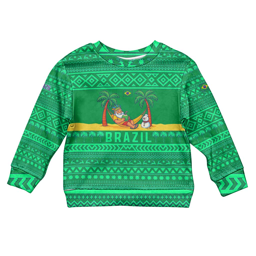 Brazil Christmas Kid Ugly Christmas Sweater with Santa Relaxing in Hammock Palm Trees Snowman and Tribal Pattern Design - Wonder Print Shop