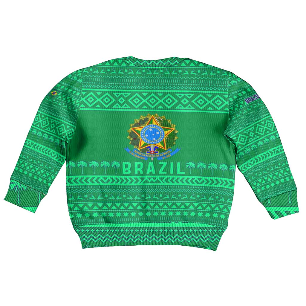 Brazil Christmas Kid Ugly Christmas Sweater with Santa Relaxing in Hammock Palm Trees Snowman and Tribal Pattern Design - Wonder Print Shop