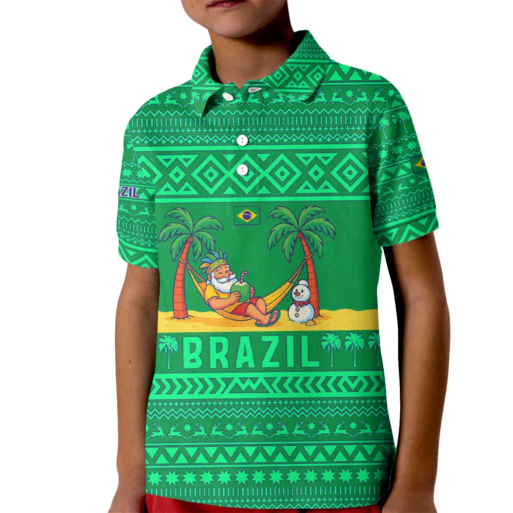 Brazil Christmas Kid Polo Shirt with Santa Relaxing in Hammock Palm Trees Snowman and Tribal Pattern Design - Wonder Print Shop
