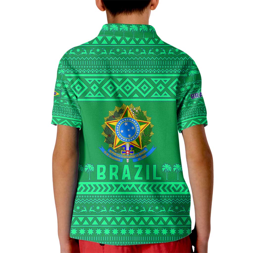 Brazil Christmas Kid Polo Shirt with Santa Relaxing in Hammock Palm Trees Snowman and Tribal Pattern Design - Wonder Print Shop