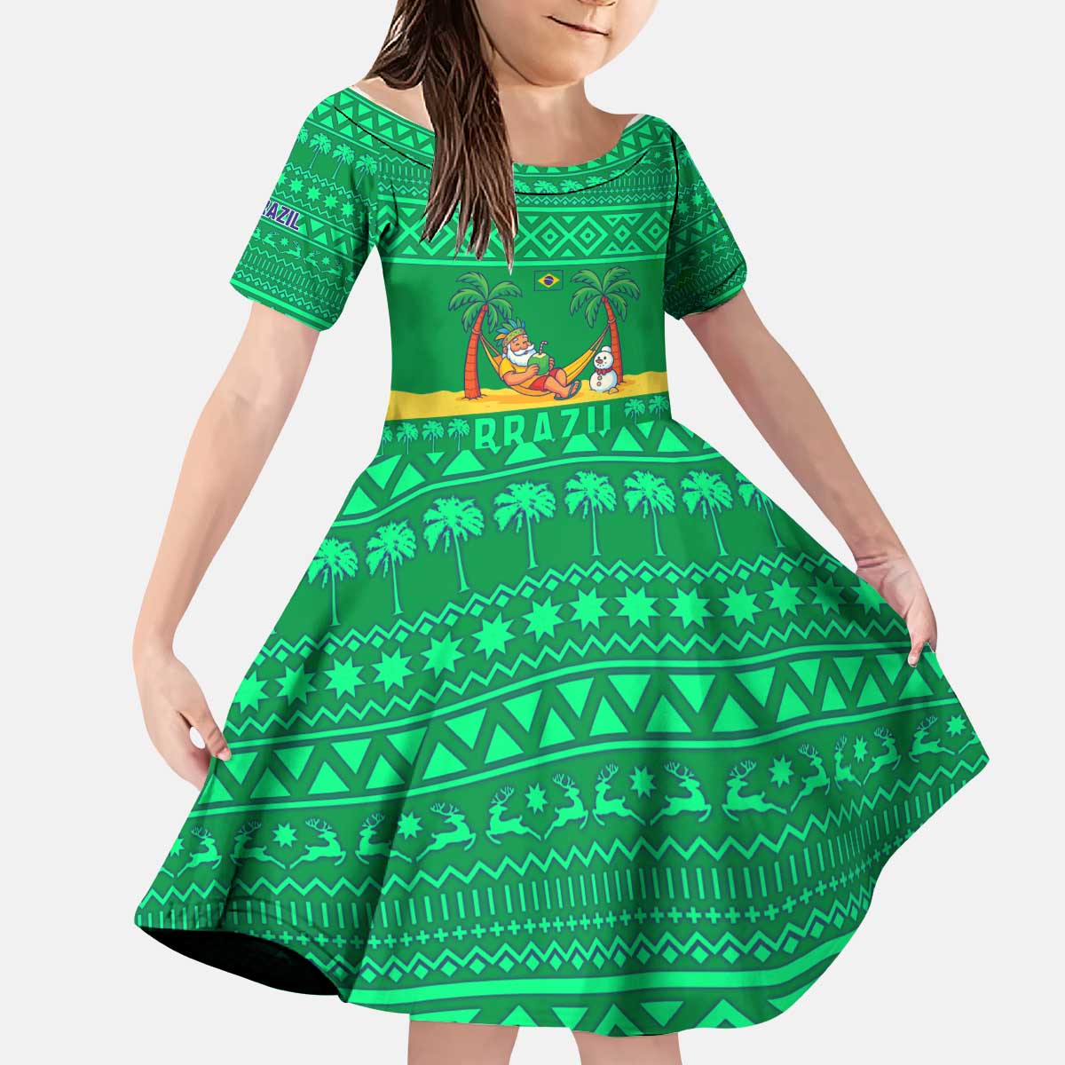 Brazil Christmas Kid Short Sleeve Dress with Santa Relaxing in Hammock Palm Trees Snowman and Tribal Pattern Design - Wonder Print Shop