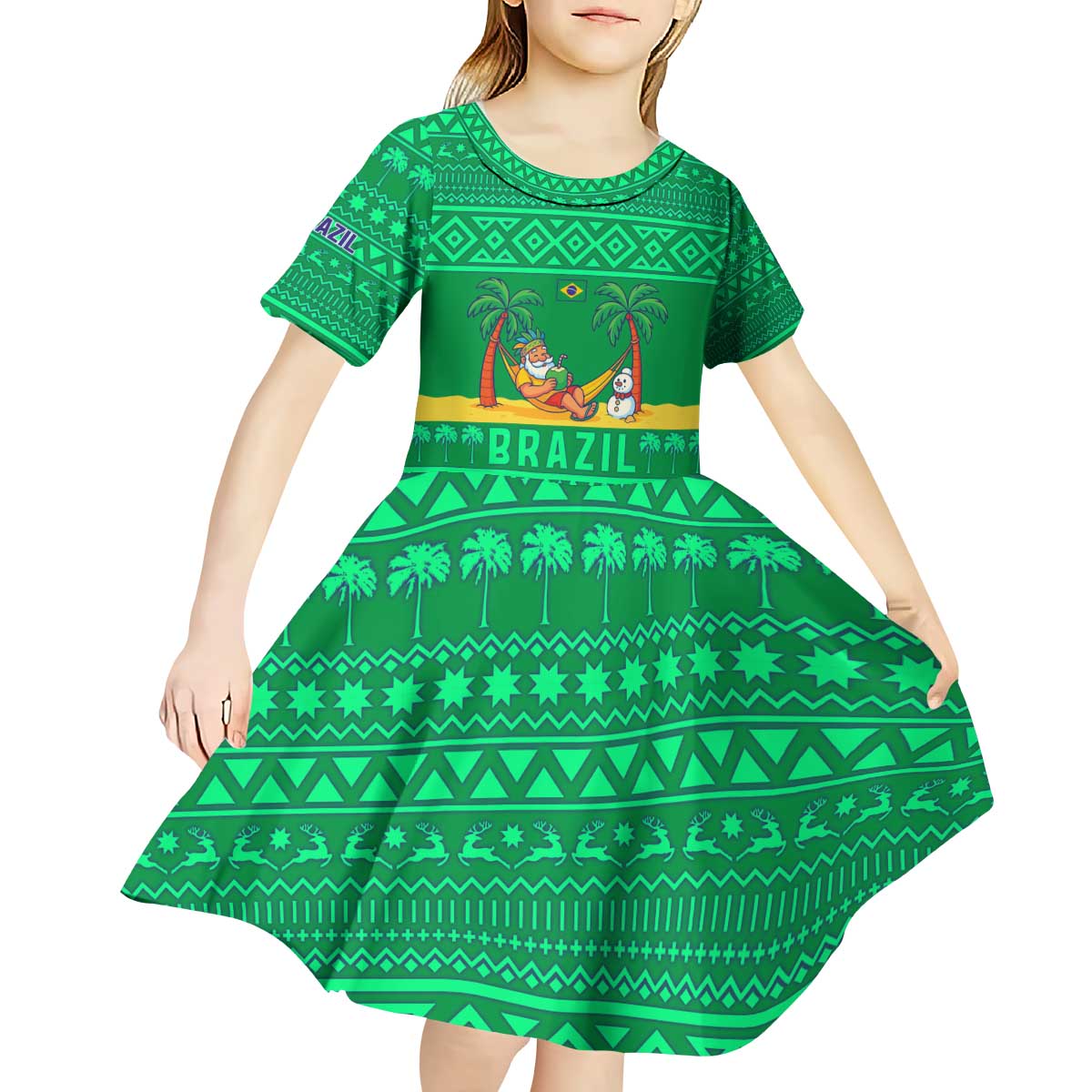 Brazil Christmas Kid Short Sleeve Dress with Santa Relaxing in Hammock Palm Trees Snowman and Tribal Pattern Design - Wonder Print Shop