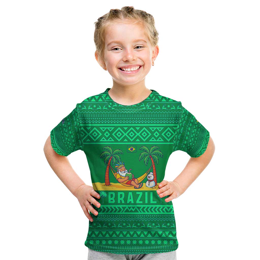 Brazil Christmas Kid T Shirt with Santa Relaxing in Hammock Palm Trees Snowman and Tribal Pattern Design - Wonder Print Shop