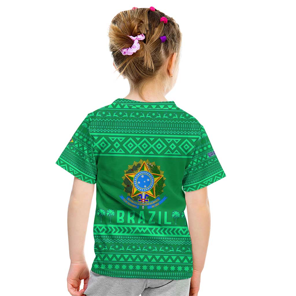 Brazil Christmas Kid T Shirt with Santa Relaxing in Hammock Palm Trees Snowman and Tribal Pattern Design - Wonder Print Shop