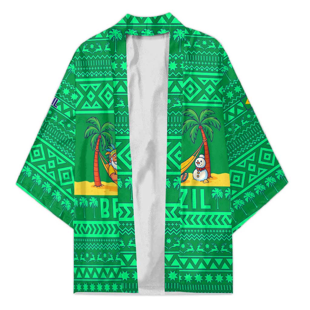 Brazil Christmas Kimono with Santa Relaxing in Hammock Palm Trees Snowman and Tribal Pattern Design - Wonder Print Shop