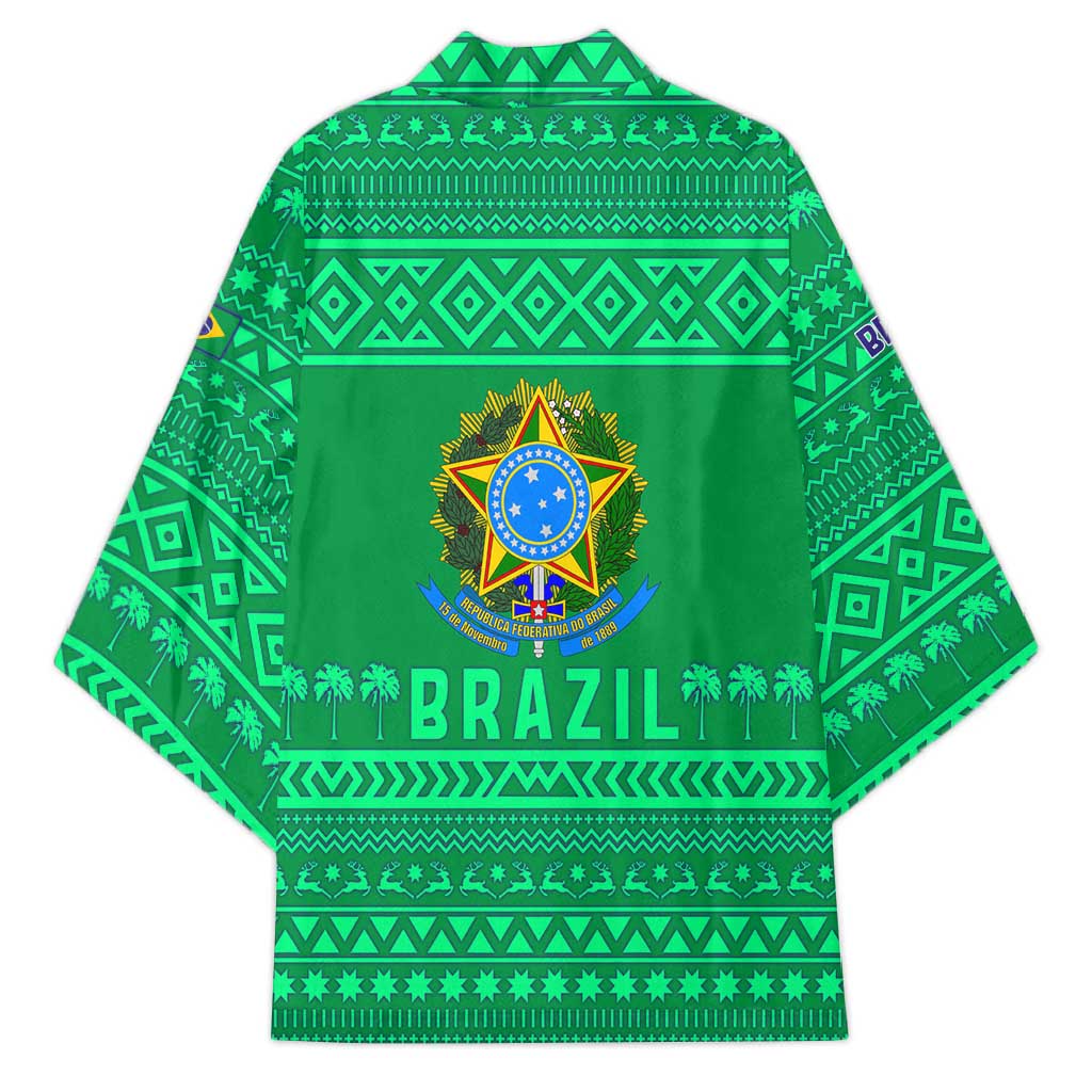 Brazil Christmas Kimono with Santa Relaxing in Hammock Palm Trees Snowman and Tribal Pattern Design - Wonder Print Shop