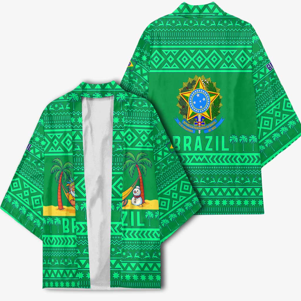 Brazil Christmas Kimono with Santa Relaxing in Hammock Palm Trees Snowman and Tribal Pattern Design - Wonder Print Shop