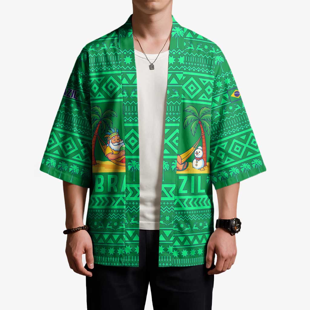 Brazil Christmas Kimono with Santa Relaxing in Hammock Palm Trees Snowman and Tribal Pattern Design - Wonder Print Shop