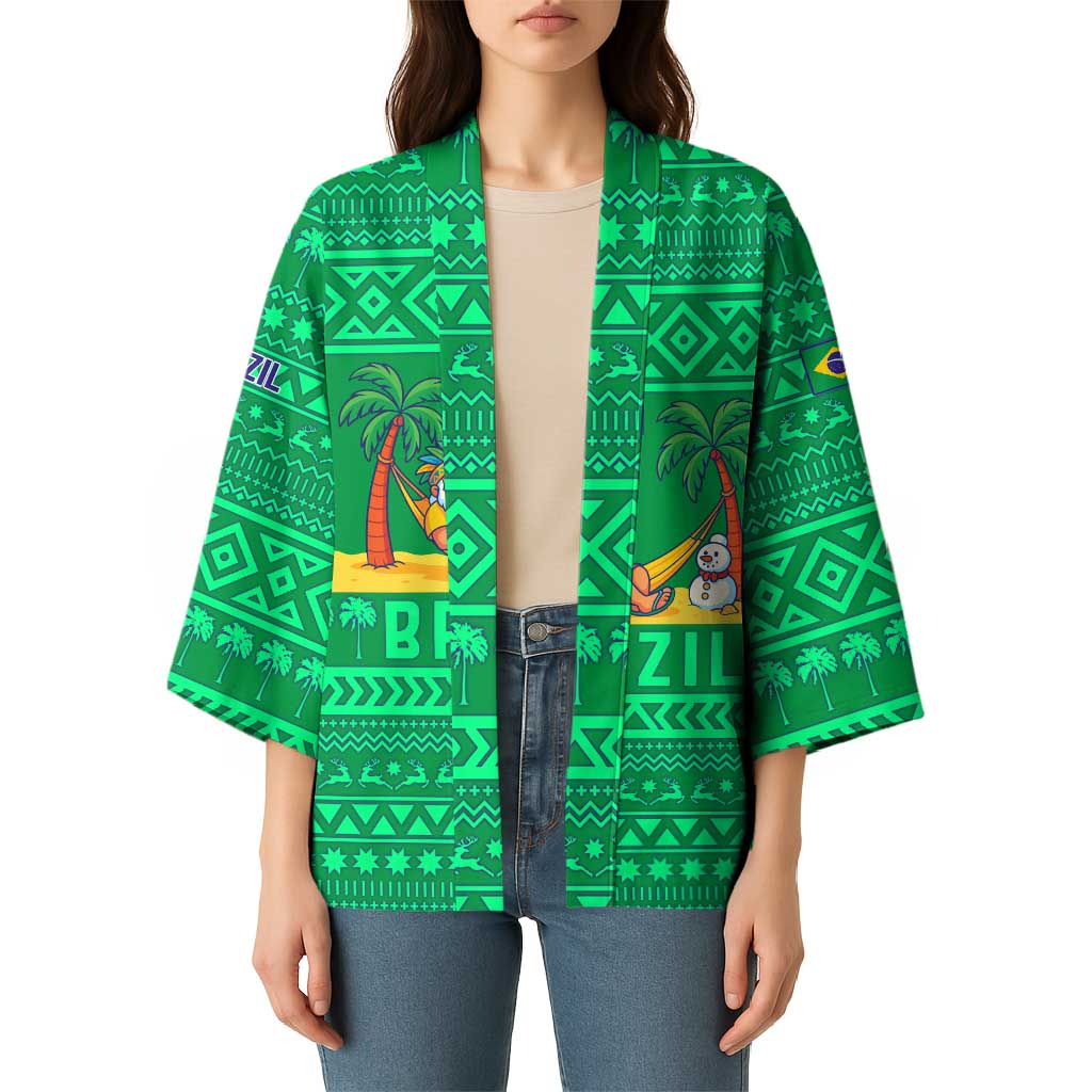 Brazil Christmas Kimono with Santa Relaxing in Hammock Palm Trees Snowman and Tribal Pattern Design - Wonder Print Shop