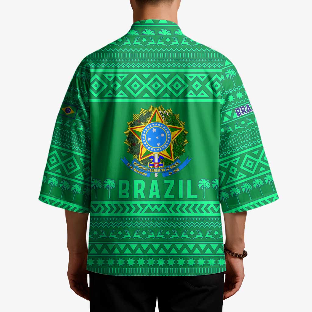 Brazil Christmas Kimono with Santa Relaxing in Hammock Palm Trees Snowman and Tribal Pattern Design - Wonder Print Shop