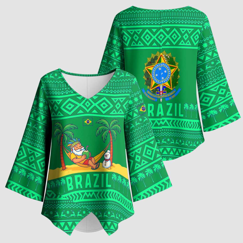 Brazil Christmas Kimono Sleeve Blouse with Santa Relaxing in Hammock Palm Trees Snowman and Tribal Pattern Design - Wonder Print Shop