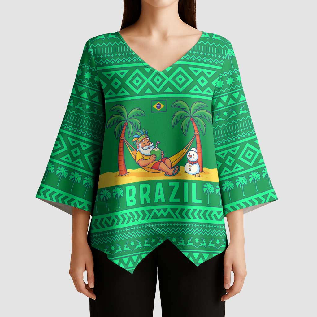 Brazil Christmas Kimono Sleeve Blouse with Santa Relaxing in Hammock Palm Trees Snowman and Tribal Pattern Design - Wonder Print Shop