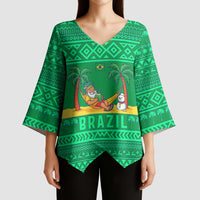 Brazil Christmas Kimono Sleeve Blouse with Santa Relaxing in Hammock Palm Trees Snowman and Tribal Pattern Design - Wonder Print Shop