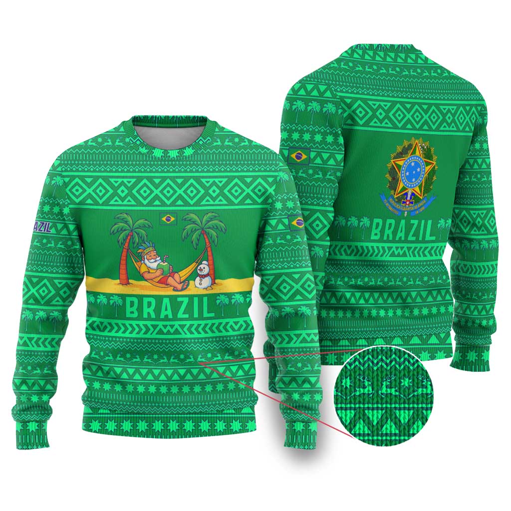 Brazil Christmas Ugly Christmas Sweater with Santa Relaxing in Hammock Palm Trees Snowman and Tribal Pattern Design - Wonder Print Shop