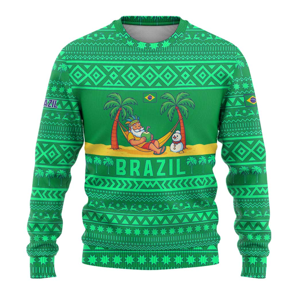 Brazil Christmas Ugly Christmas Sweater with Santa Relaxing in Hammock Palm Trees Snowman and Tribal Pattern Design - Wonder Print Shop