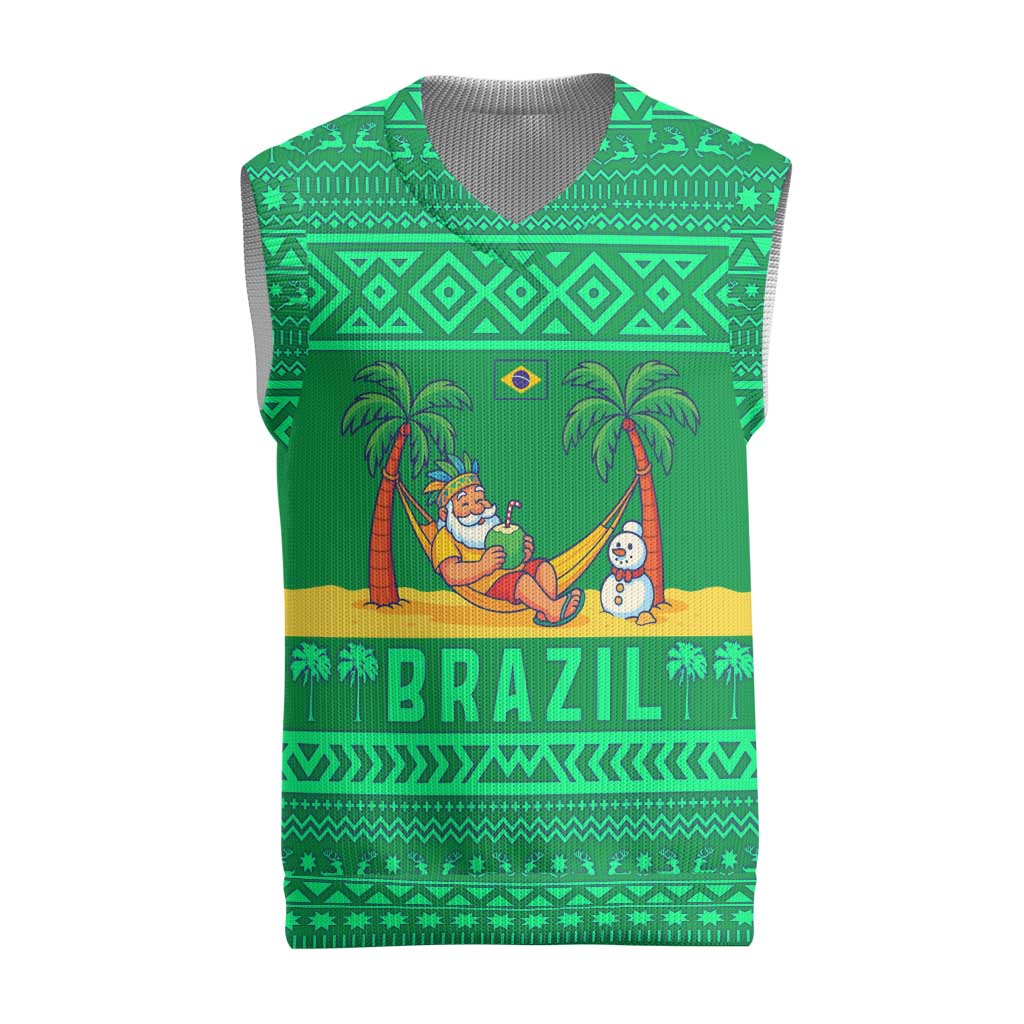 Brazil Christmas Knitted V-Neck Vest with Santa Relaxing in Hammock Palm Trees Snowman and Tribal Pattern Design - Wonder Print Shop