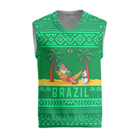 Brazil Christmas Knitted V-Neck Vest with Santa Relaxing in Hammock Palm Trees Snowman and Tribal Pattern Design - Wonder Print Shop