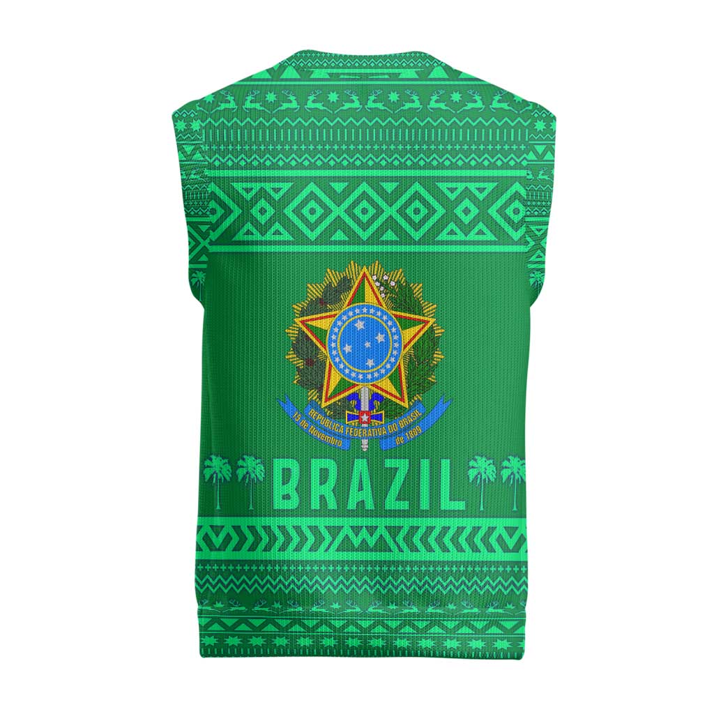 Brazil Christmas Knitted V-Neck Vest with Santa Relaxing in Hammock Palm Trees Snowman and Tribal Pattern Design - Wonder Print Shop