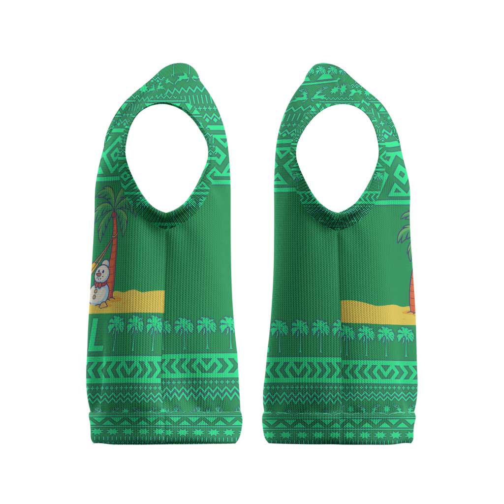 Brazil Christmas Knitted V-Neck Vest with Santa Relaxing in Hammock Palm Trees Snowman and Tribal Pattern Design - Wonder Print Shop