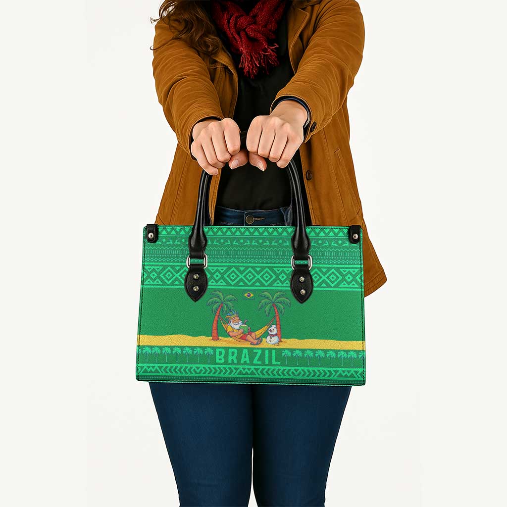 Brazil Christmas Leather Bag with Santa Relaxing in Hammock Palm Trees Snowman and Tribal Pattern Design - Wonder Print Shop