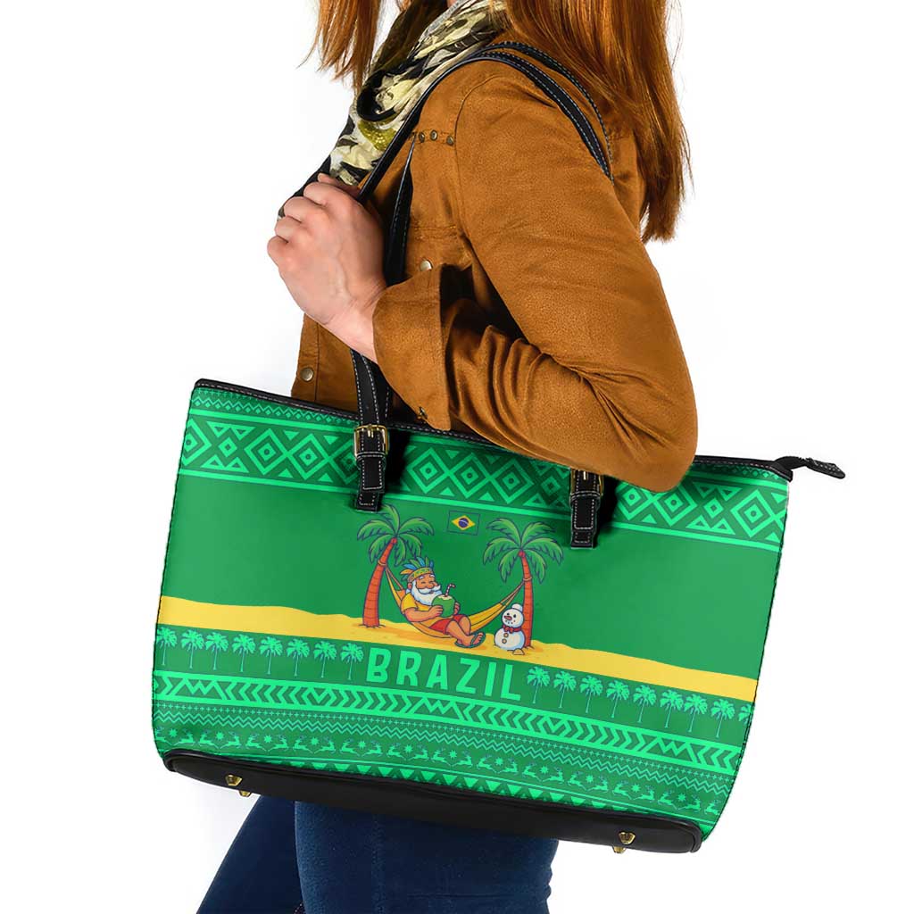 Brazil Christmas Leather Tote Bag with Santa Relaxing in Hammock Palm Trees Snowman and Tribal Pattern Design - Wonder Print Shop