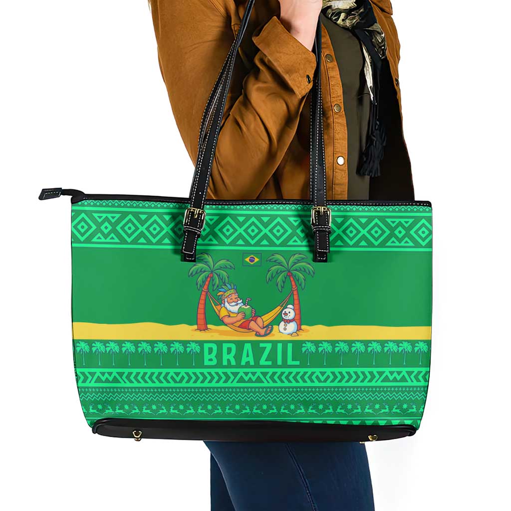 Brazil Christmas Leather Tote Bag with Santa Relaxing in Hammock Palm Trees Snowman and Tribal Pattern Design - Wonder Print Shop