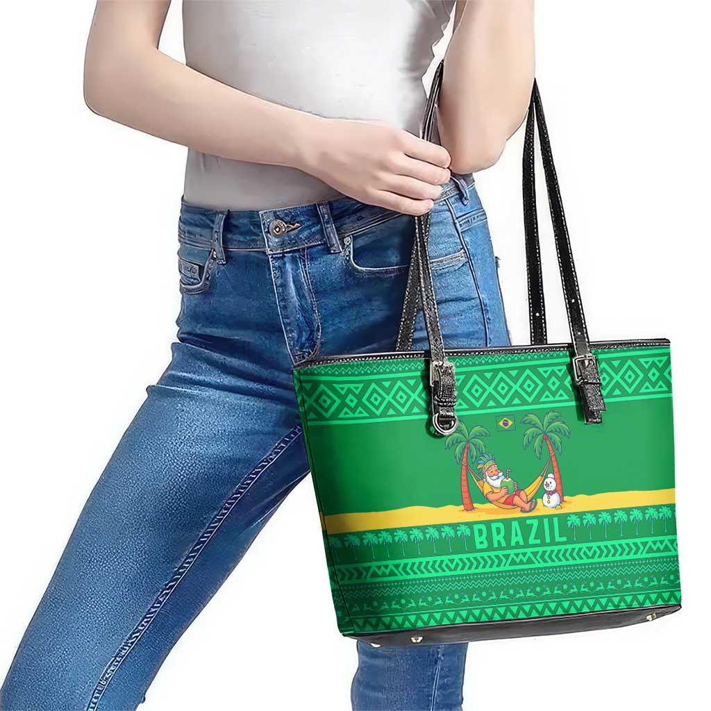 Brazil Christmas Leather Tote Bag with Santa Relaxing in Hammock Palm Trees Snowman and Tribal Pattern Design - Wonder Print Shop