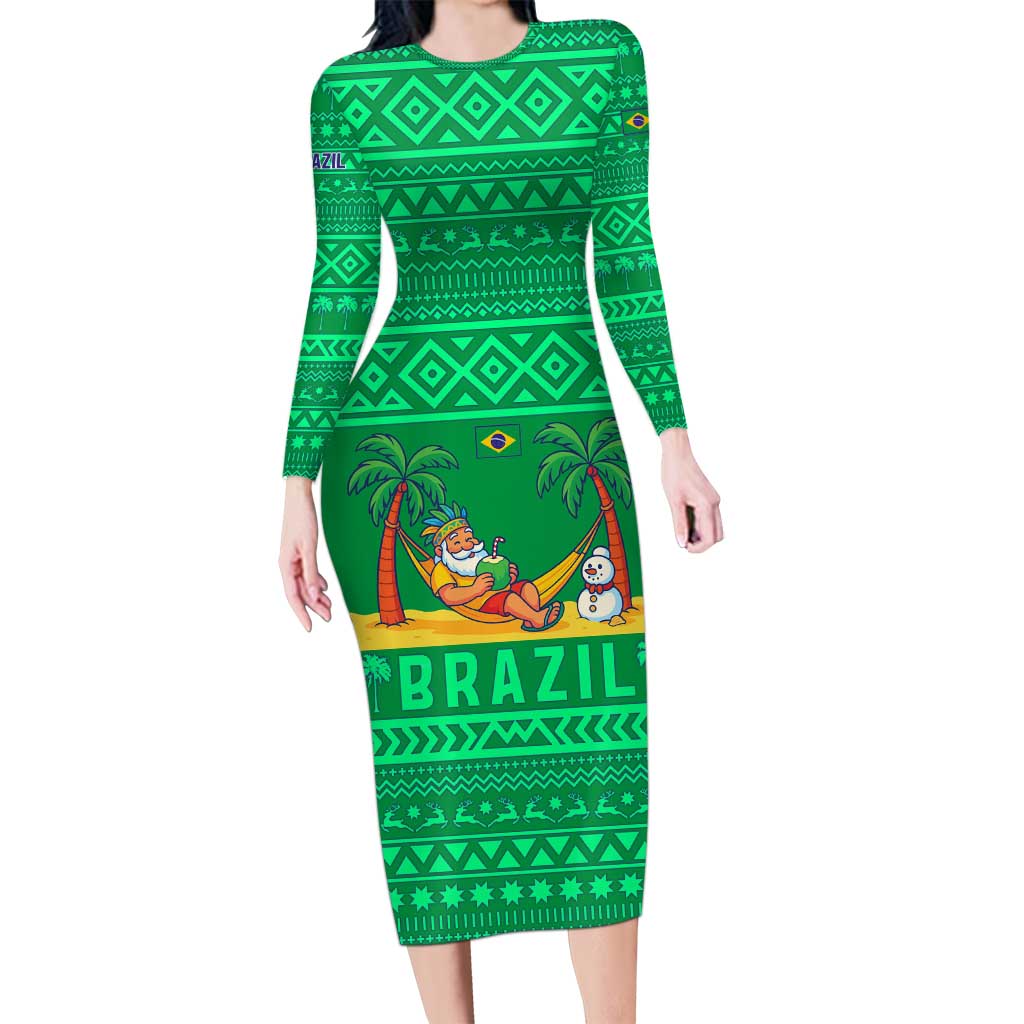 Brazil Christmas Long Sleeve Bodycon Dress with Santa Relaxing in Hammock Palm Trees Snowman and Tribal Pattern Design - Wonder Print Shop