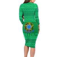 Brazil Christmas Long Sleeve Bodycon Dress with Santa Relaxing in Hammock Palm Trees Snowman and Tribal Pattern Design - Wonder Print Shop
