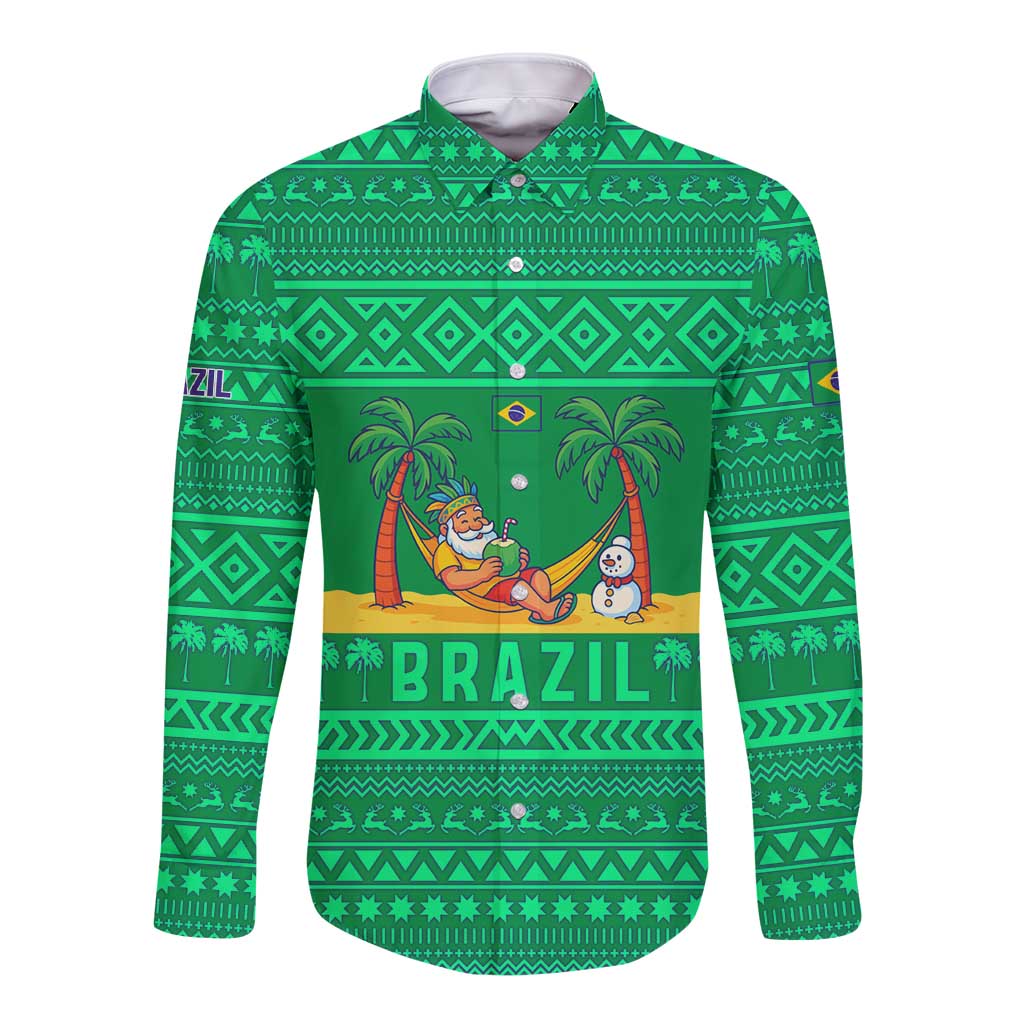 Brazil Christmas Long Sleeve Button Shirt with Santa Relaxing in Hammock Palm Trees Snowman and Tribal Pattern Design - Wonder Print Shop