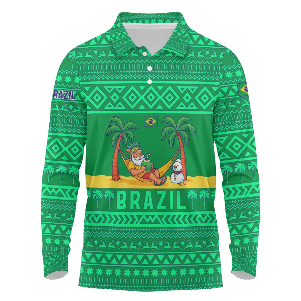 Brazil Christmas Long Sleeve Polo Shirt with Santa Relaxing in Hammock Palm Trees Snowman and Tribal Pattern Design - Wonder Print Shop