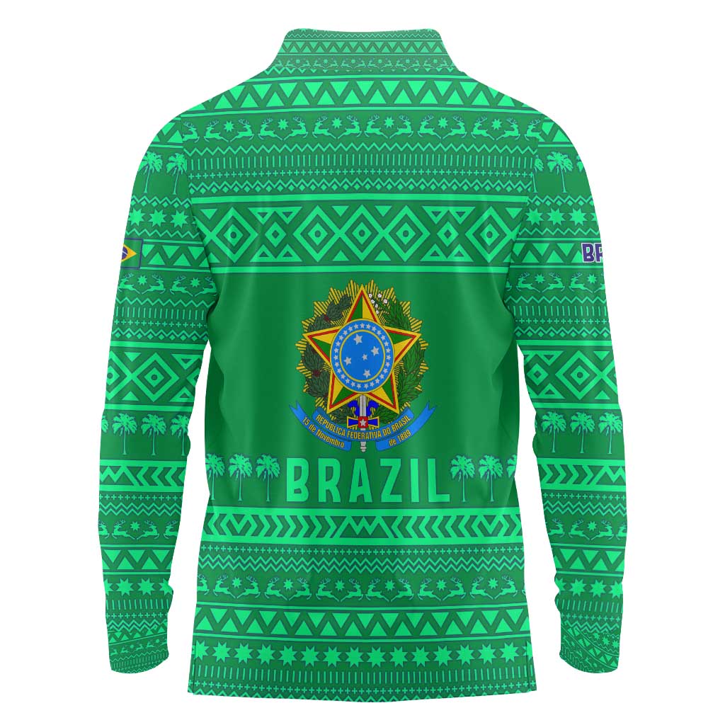 Brazil Christmas Long Sleeve Polo Shirt with Santa Relaxing in Hammock Palm Trees Snowman and Tribal Pattern Design - Wonder Print Shop