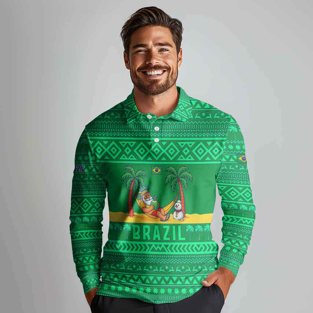Brazil Christmas Long Sleeve Polo Shirt with Santa Relaxing in Hammock Palm Trees Snowman and Tribal Pattern Design - Wonder Print Shop