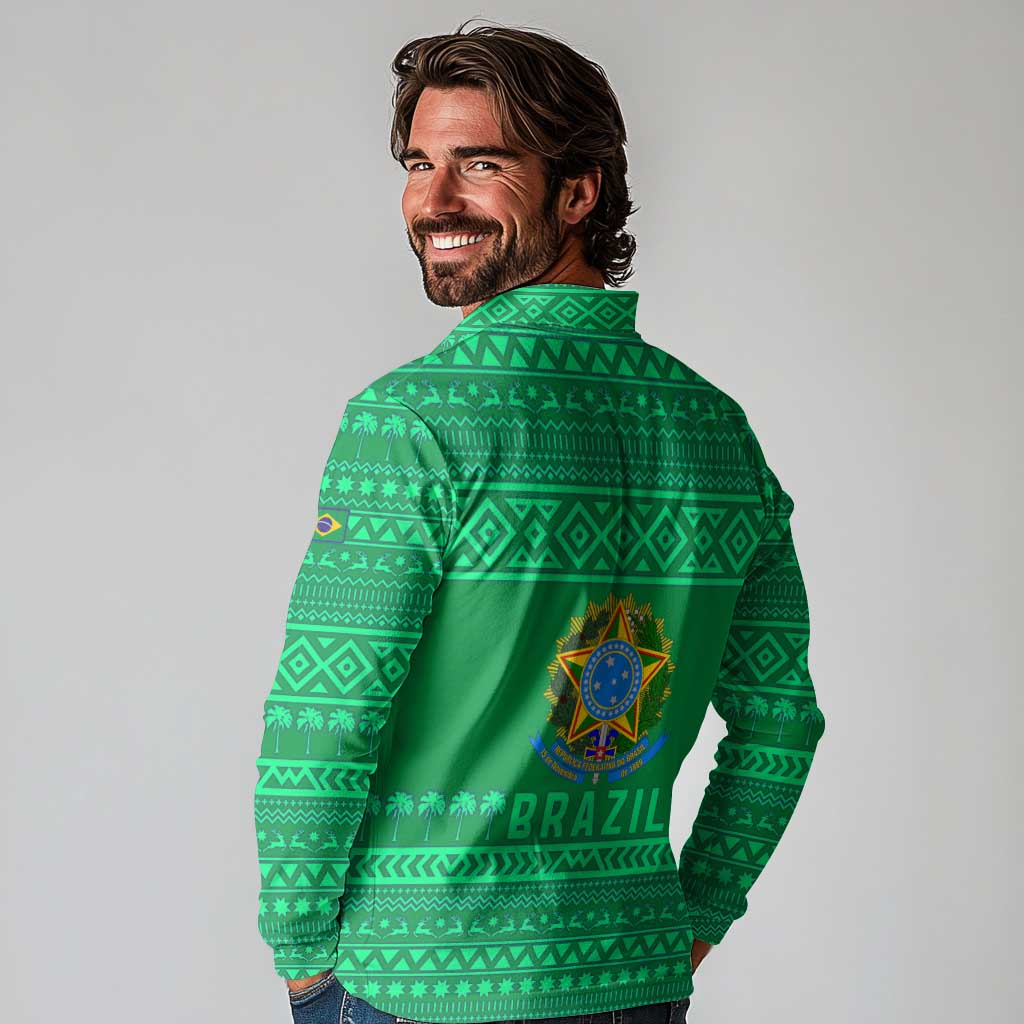 Brazil Christmas Long Sleeve Polo Shirt with Santa Relaxing in Hammock Palm Trees Snowman and Tribal Pattern Design - Wonder Print Shop