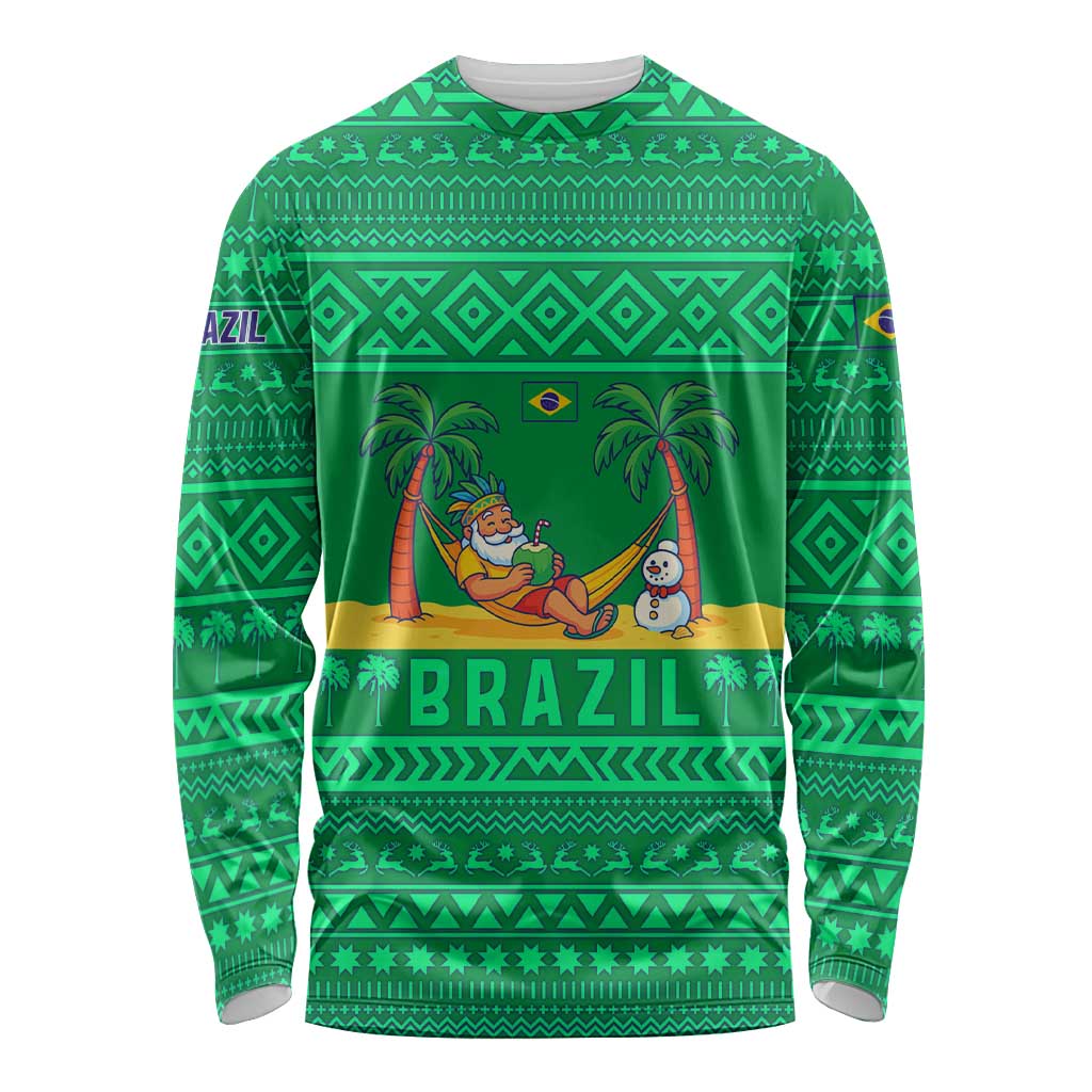 Brazil Christmas Long Sleeve Shirt with Santa Relaxing in Hammock Palm Trees Snowman and Tribal Pattern Design - Wonder Print Shop