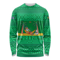 Brazil Christmas Long Sleeve Shirt with Santa Relaxing in Hammock Palm Trees Snowman and Tribal Pattern Design - Wonder Print Shop