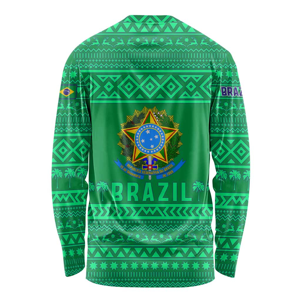 Brazil Christmas Long Sleeve Shirt with Santa Relaxing in Hammock Palm Trees Snowman and Tribal Pattern Design - Wonder Print Shop