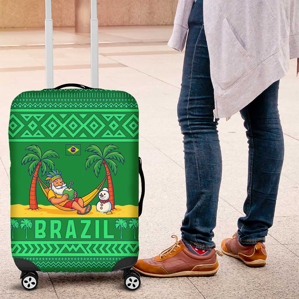 Brazil Christmas Luggage Cover with Santa Relaxing in Hammock Palm Trees Snowman and Tribal Pattern Design - Wonder Print Shop