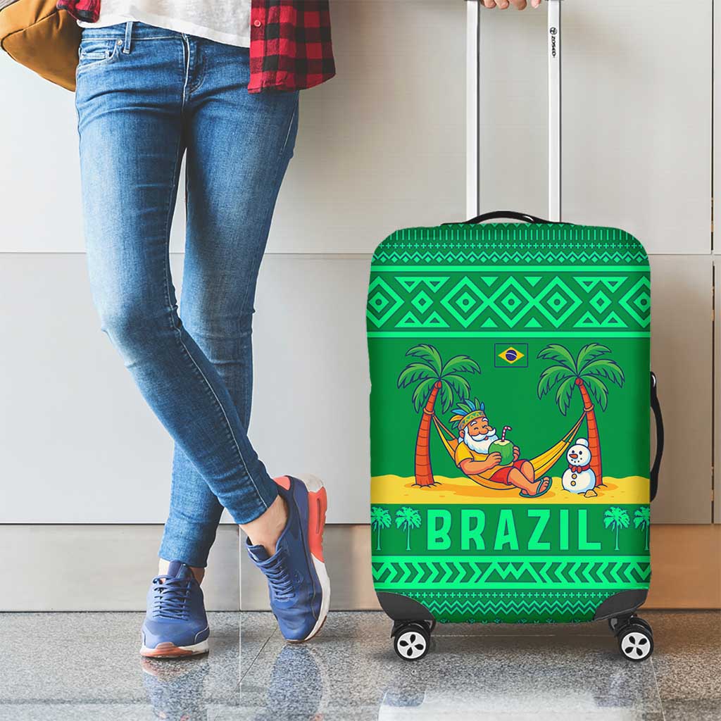 Brazil Christmas Luggage Cover with Santa Relaxing in Hammock Palm Trees Snowman and Tribal Pattern Design - Wonder Print Shop