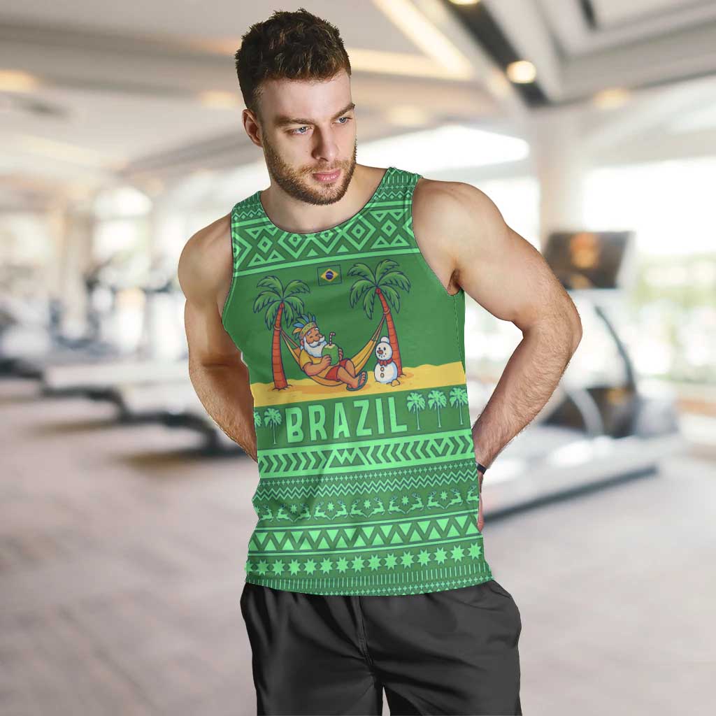 Brazil Christmas Men Tank Top with Santa Relaxing in Hammock Palm Trees Snowman and Tribal Pattern Design - Wonder Print Shop