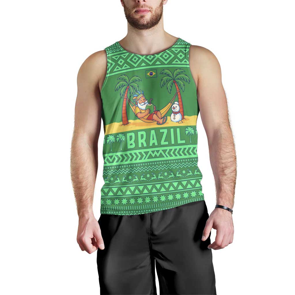 Brazil Christmas Men Tank Top with Santa Relaxing in Hammock Palm Trees Snowman and Tribal Pattern Design - Wonder Print Shop