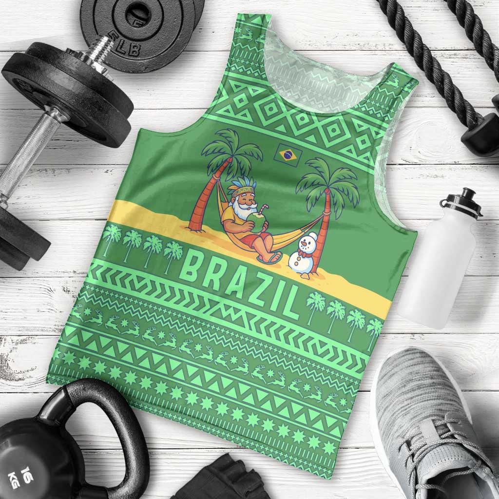 Brazil Christmas Men Tank Top with Santa Relaxing in Hammock Palm Trees Snowman and Tribal Pattern Design - Wonder Print Shop