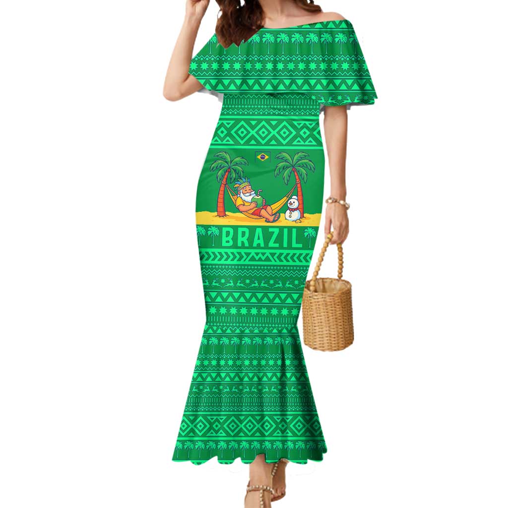 Brazil Christmas Mermaid Dress with Santa Relaxing in Hammock Palm Trees Snowman and Tribal Pattern Design - Wonder Print Shop