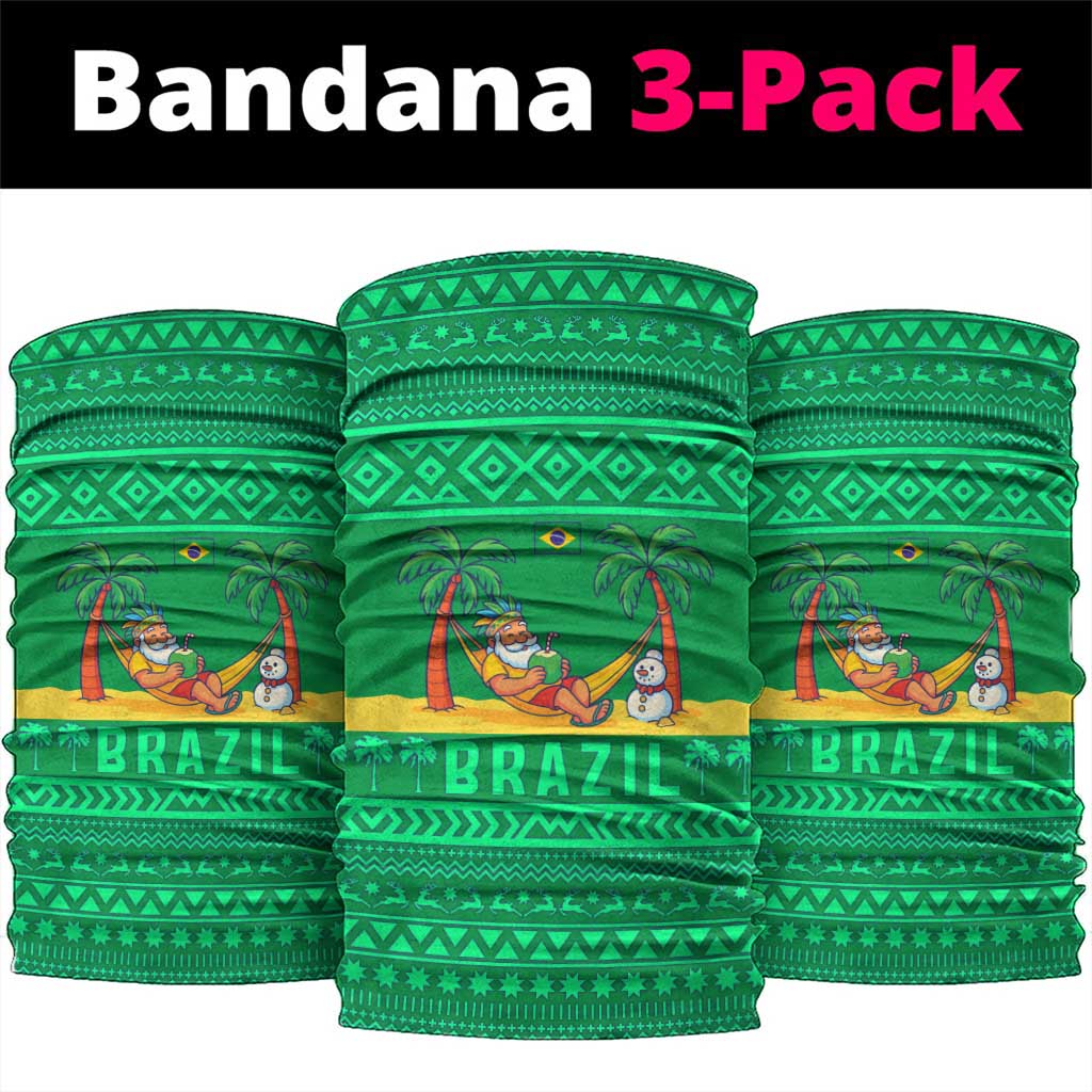 Brazil Christmas Neck Gaiter with Santa Relaxing in Hammock Palm Trees Snowman and Tribal Pattern Design - Wonder Print Shop