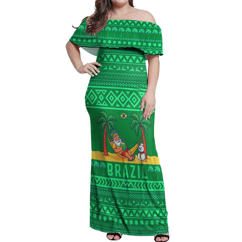 Brazil Christmas Off Shoulder Maxi Dress with Santa Relaxing in Hammock Palm Trees Snowman and Tribal Pattern Design - Wonder Print Shop