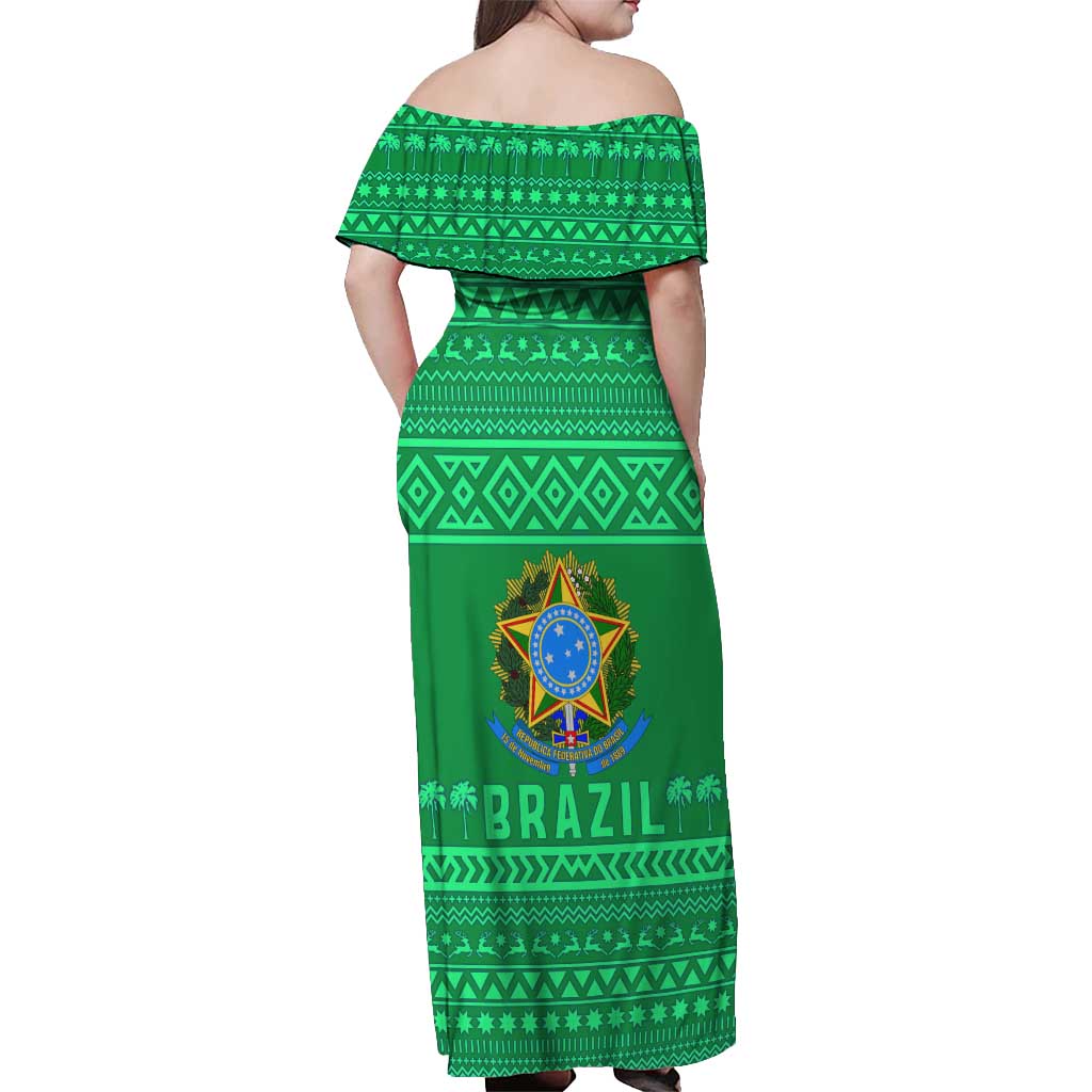 Brazil Christmas Off Shoulder Maxi Dress with Santa Relaxing in Hammock Palm Trees Snowman and Tribal Pattern Design - Wonder Print Shop