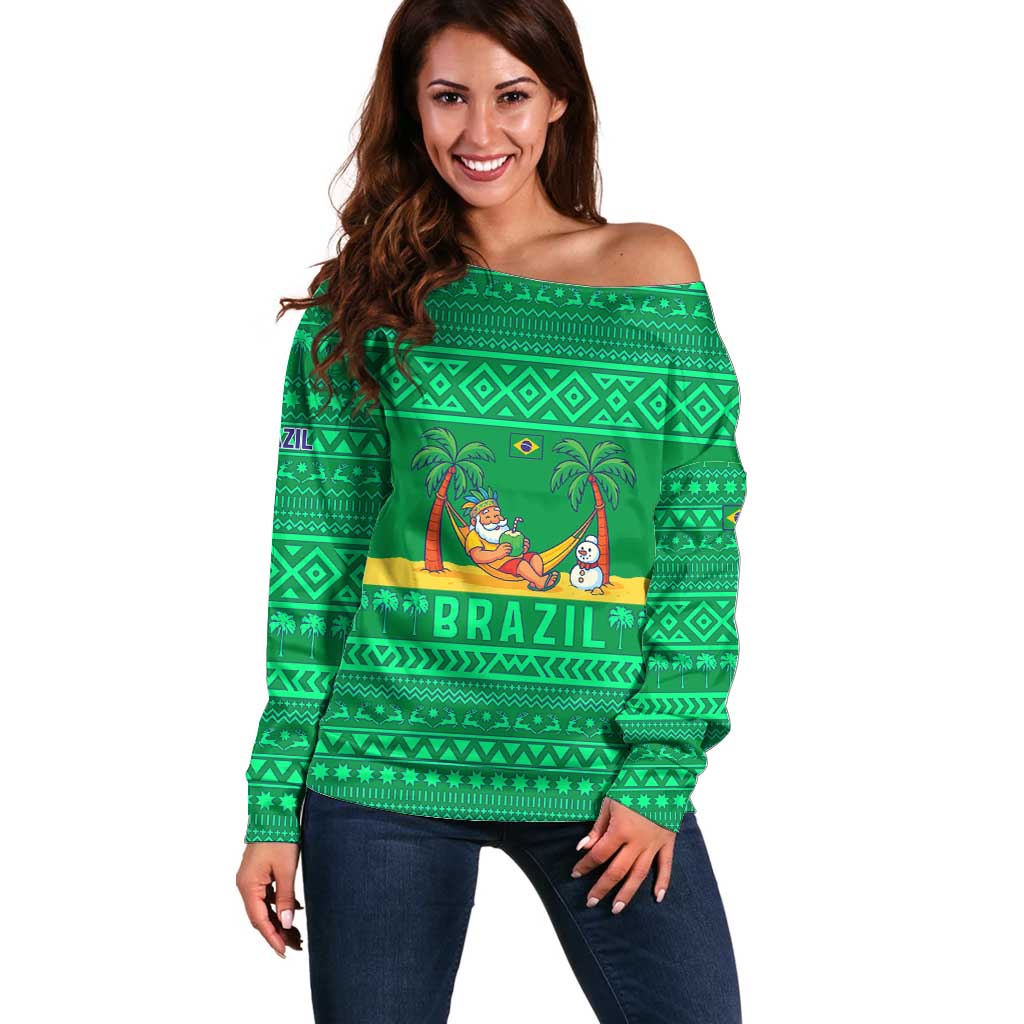 Brazil Christmas Off Shoulder Sweater with Santa Relaxing in Hammock Palm Trees Snowman and Tribal Pattern Design - Wonder Print Shop